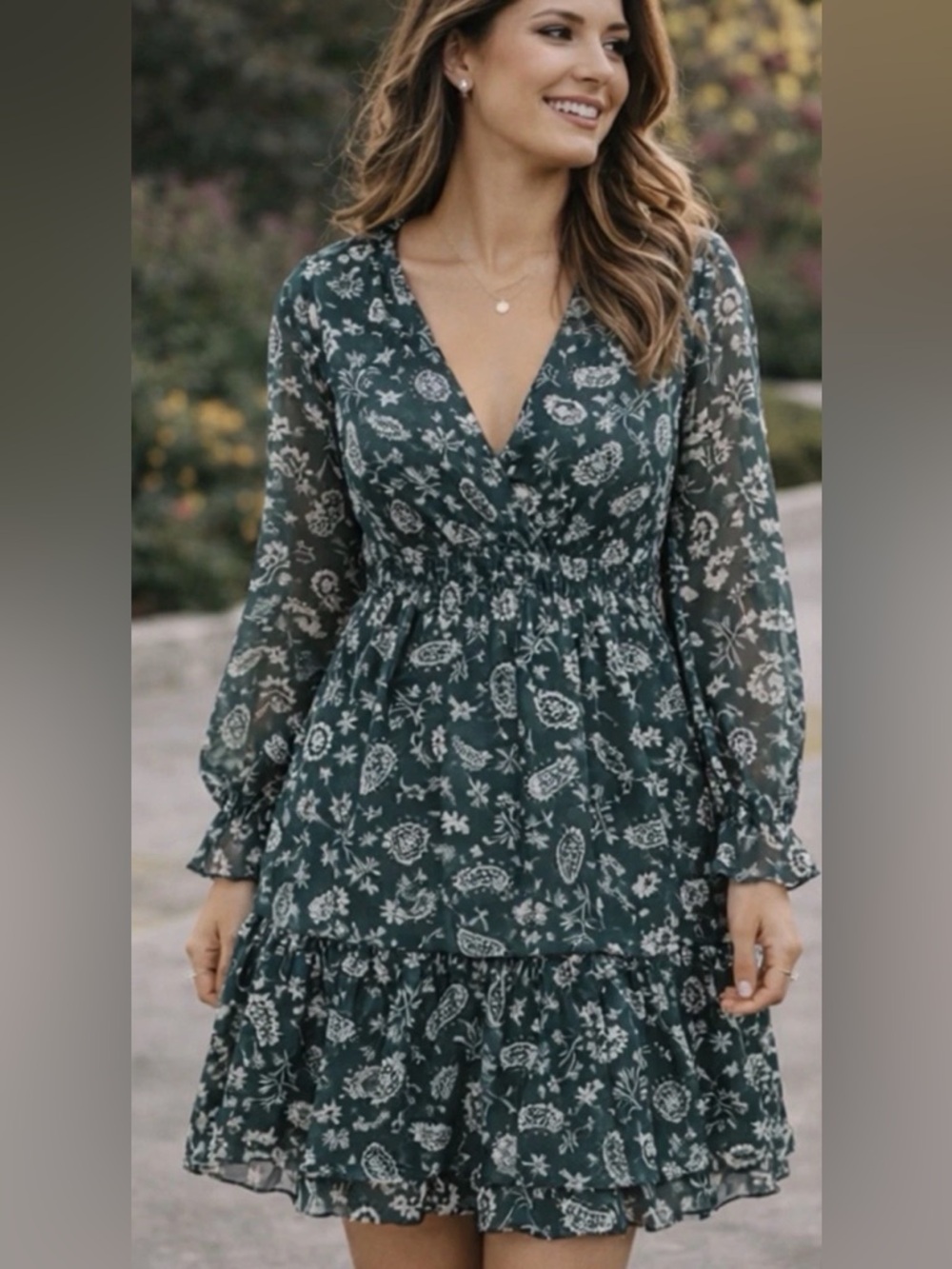 Justify Dark Teal Floral V-Neck Long Sleeve Dress back out